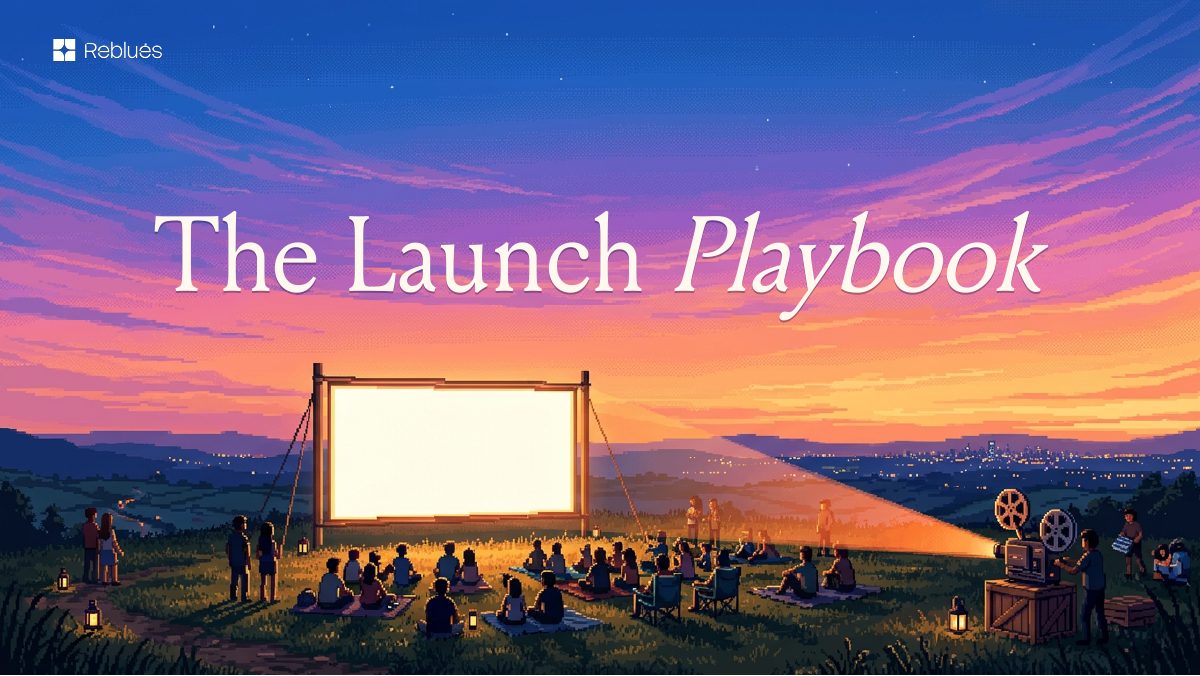 The Launch Playbook cover: an outdoor screening beneath a sunset sky